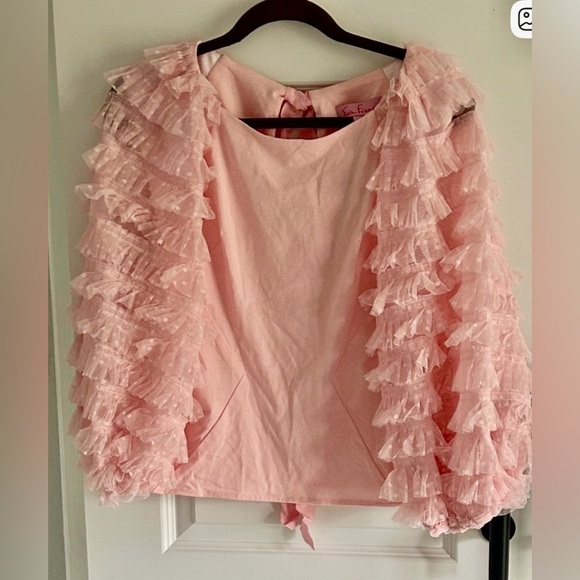 Eva Franco Tops - Anthropologie Eva Franco Pink Ruffled tulle Sleeve Bow‎ Peplum Top size 6